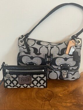 Coach Poppy Signature Canvas Shoulder Bag with Poppy Wristlet Bundle